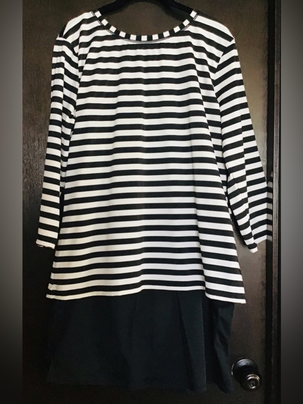 Denim&Co Black and White Striped Rash Guard Shirt and Swim Skirt.